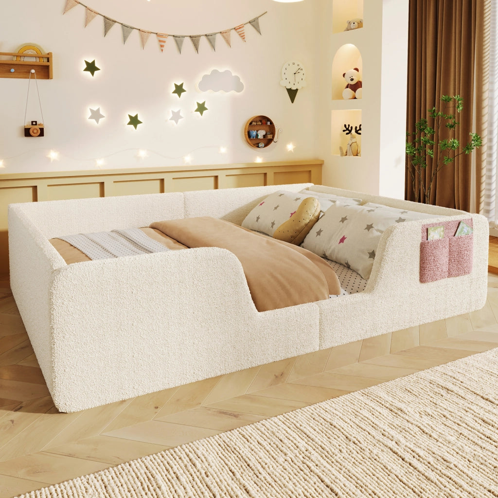 Letto per bambini imbottito 140 × 190 cm in velluto beige con sponde laterali removibili e tasca integrata