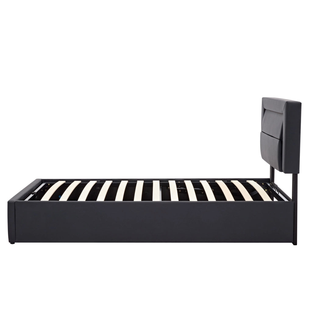 Letto imbottito 90 x 190 cm con contenitore; LED e ricarica USB e wireless; rivestimento in PU nero