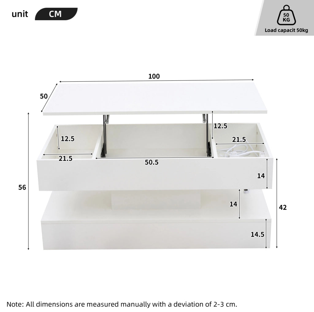 Tavolino da caffè sollevabile 100x50x42 cm bianco con LED e vano contenitore