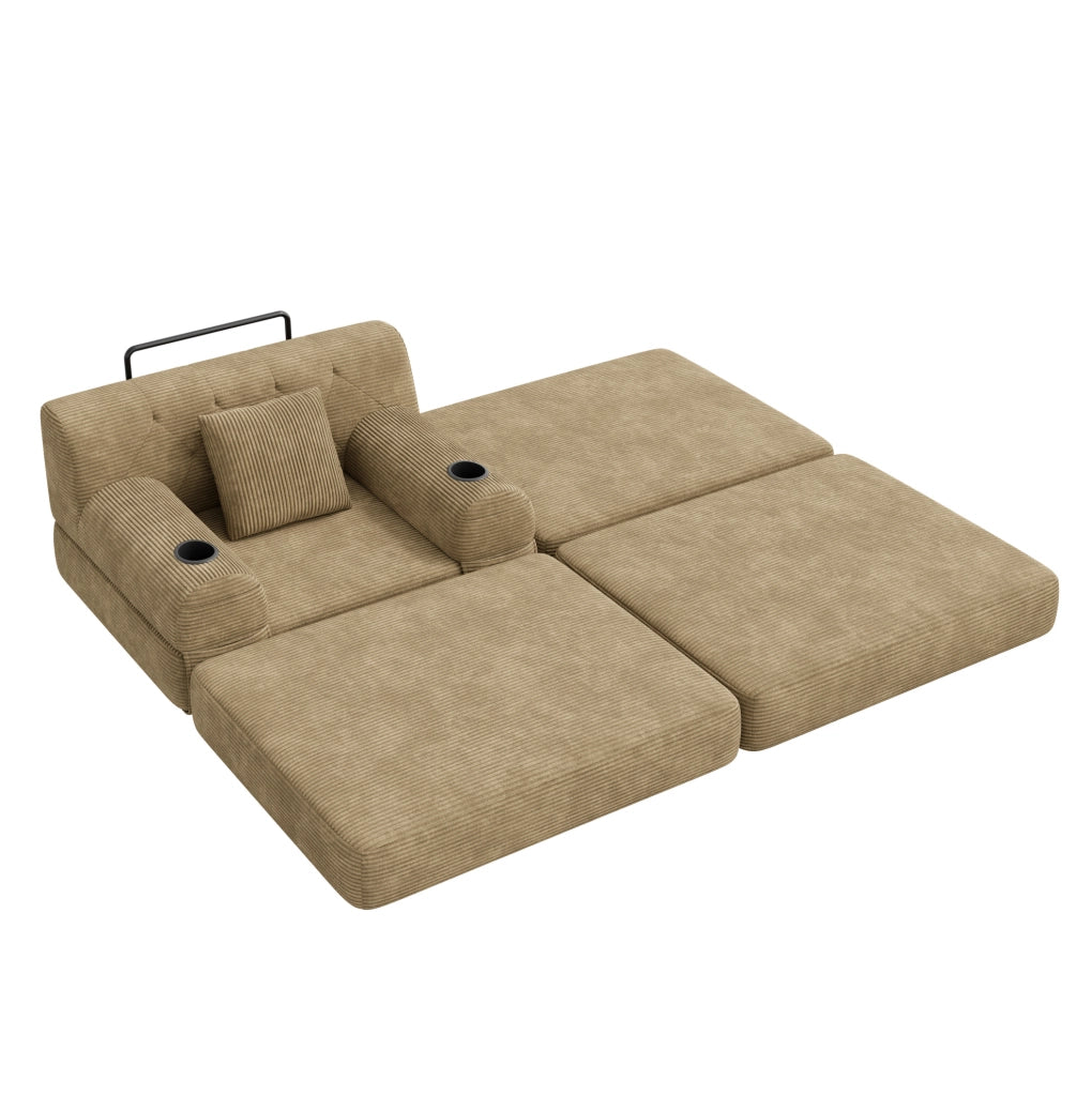 Poltrona letto in velluto a coste color cachi con tasche e portabicchieri