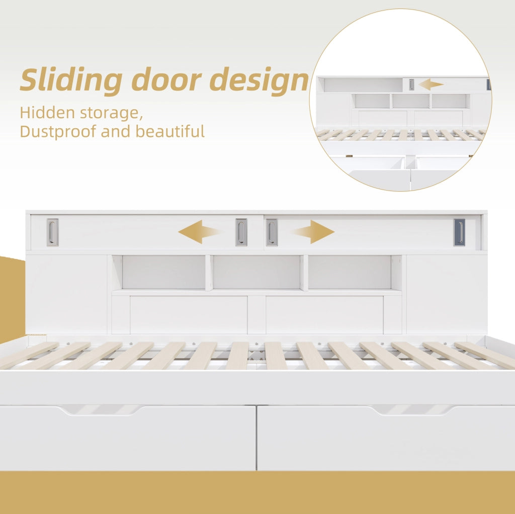 Letto singolo multifunzione 90 × 190 cm con 2 cassetti e armadietti; MDF bianco