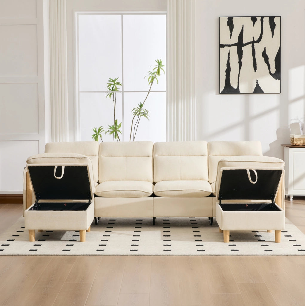 Divano modulare a 4 posti in ciniglia beige con 2 pouf contenitore