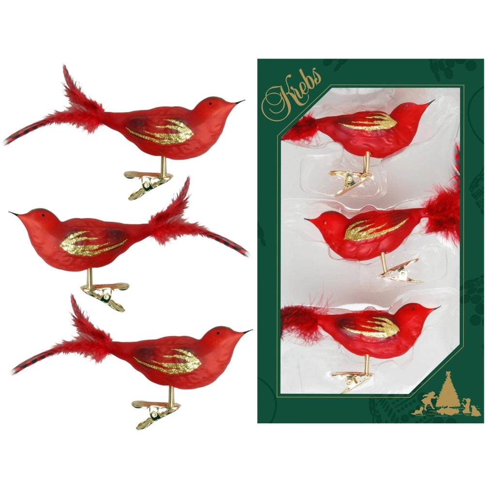 Set di 3 uccellini trasparenti in vetro rosso, con clip, 11 cm