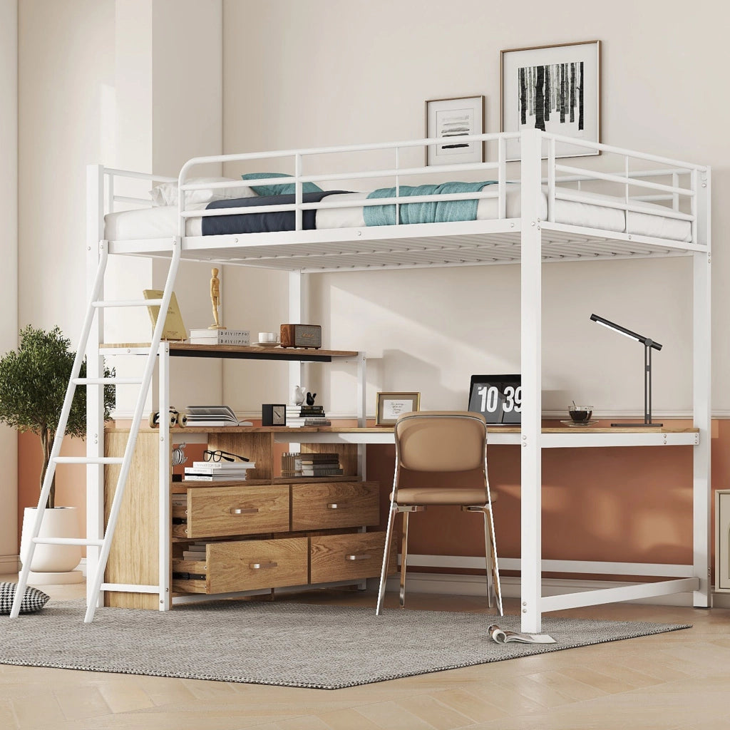 Letto a soppalco 140 × 200 cm con scrivania a L cassetti struttura in metallo e MDF bianco