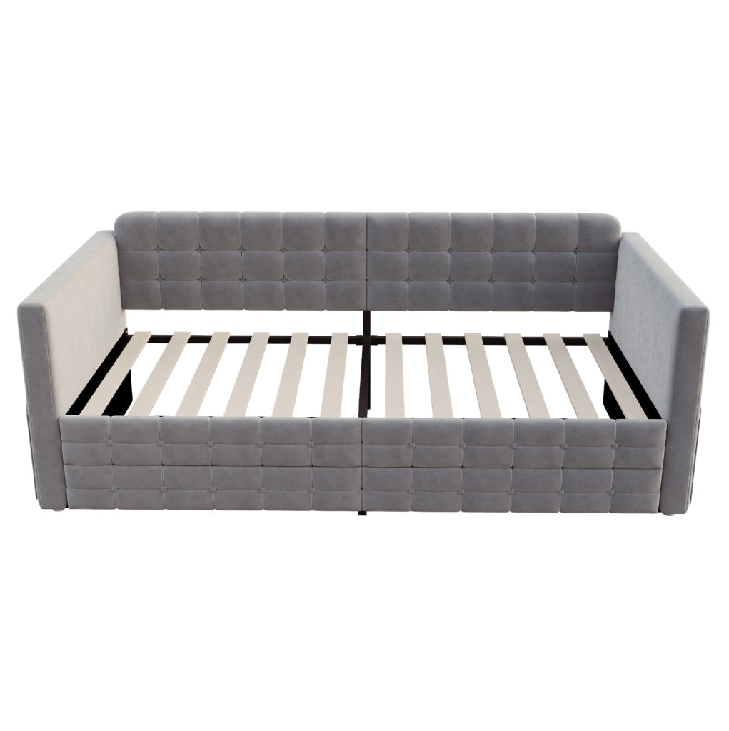Letto Singolo 90x190 cm in Velluto Grigio con Contenitori Laterali e Due Cassetti Sotto il Letto