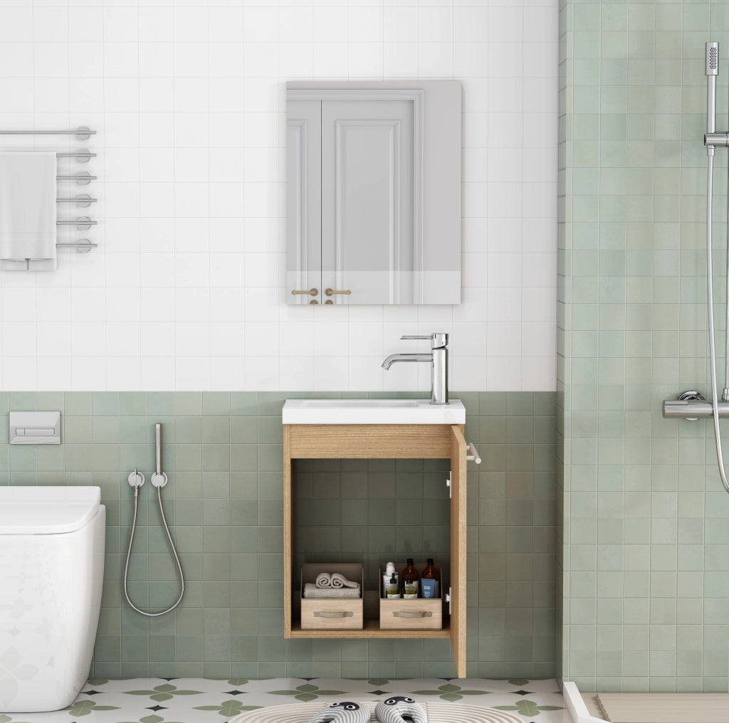 Mobile bagno sospeso rovere con lavabo in ceramica e specchio
