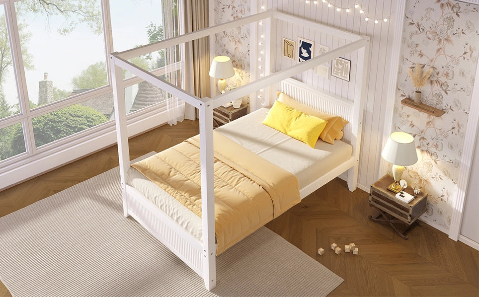 Letto a baldacchino in legno 90x200 cm bianco con cornice decorativa e doghe verticali