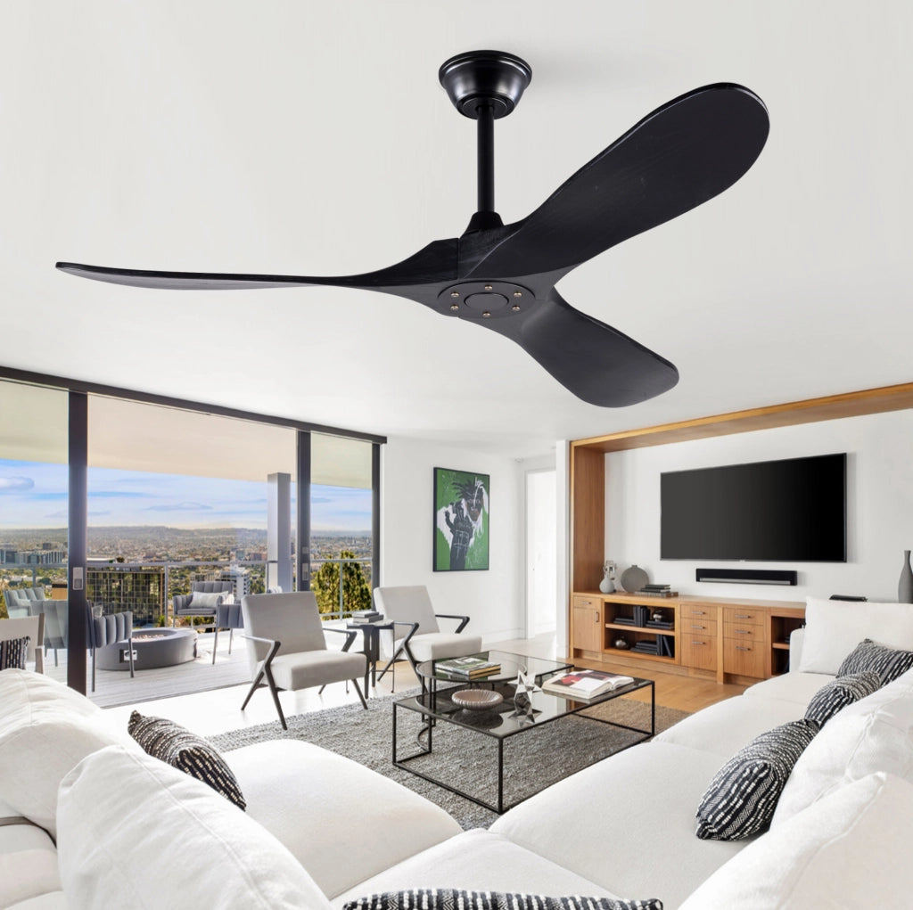 Ventilatore da soffitto nero 132 cm, 3 pale in legno, telecomando, senza luce