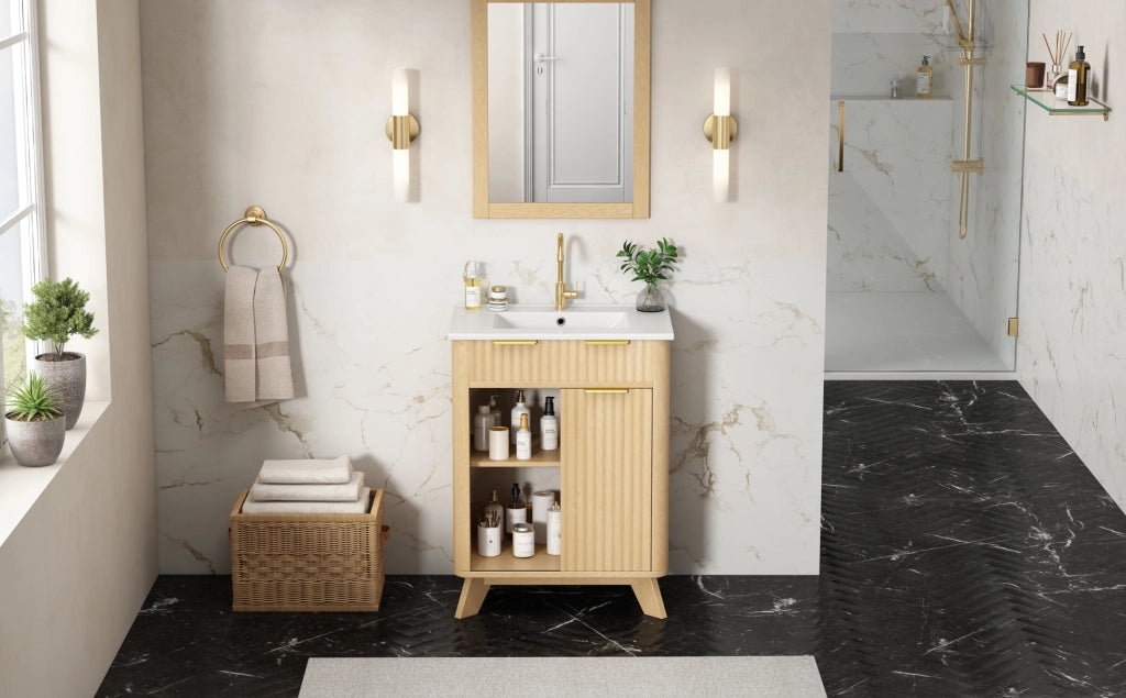 Mobile bagno 61 cm con lavabo in ceramica, 3 cassetti e anta scorrevole in MDF finitura legno naturale con motivo a onde