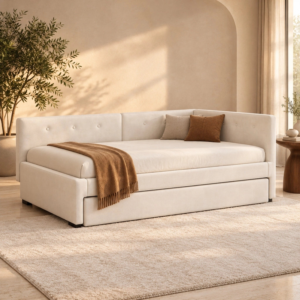 Letto singolo 90x200 beige in velluto con estraibile e materasso