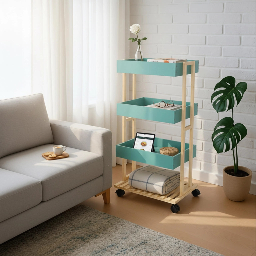 Carrello servitore a 4 ripiani, in bambù e MDF, dimensioni 88x40x30 cm, colore naturale/verde menta