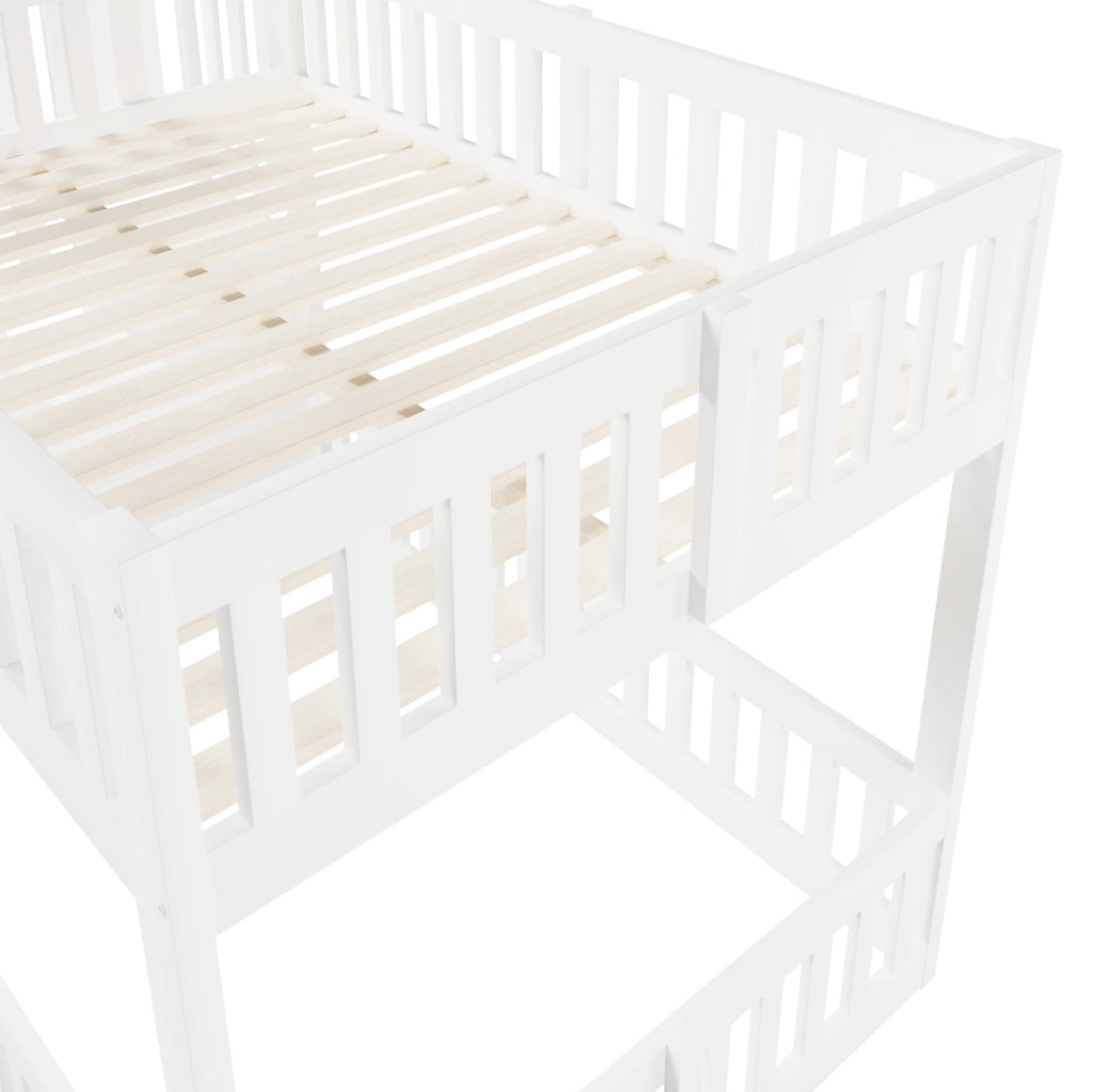 Letto a castello 140x200 cm in legno massello con scala e spazio contenitivo, bianco