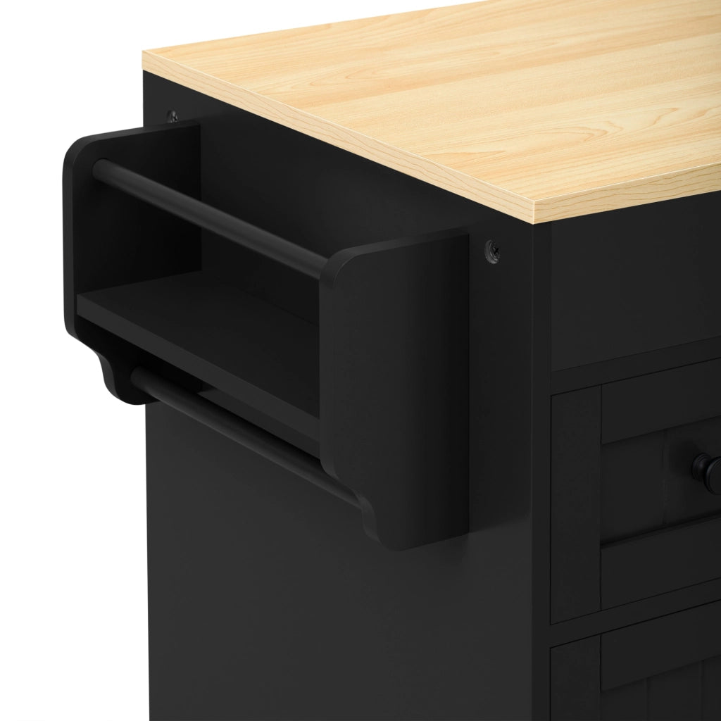 Isola da cucina mobile allungabile con 3 cassetti, nero e naturale