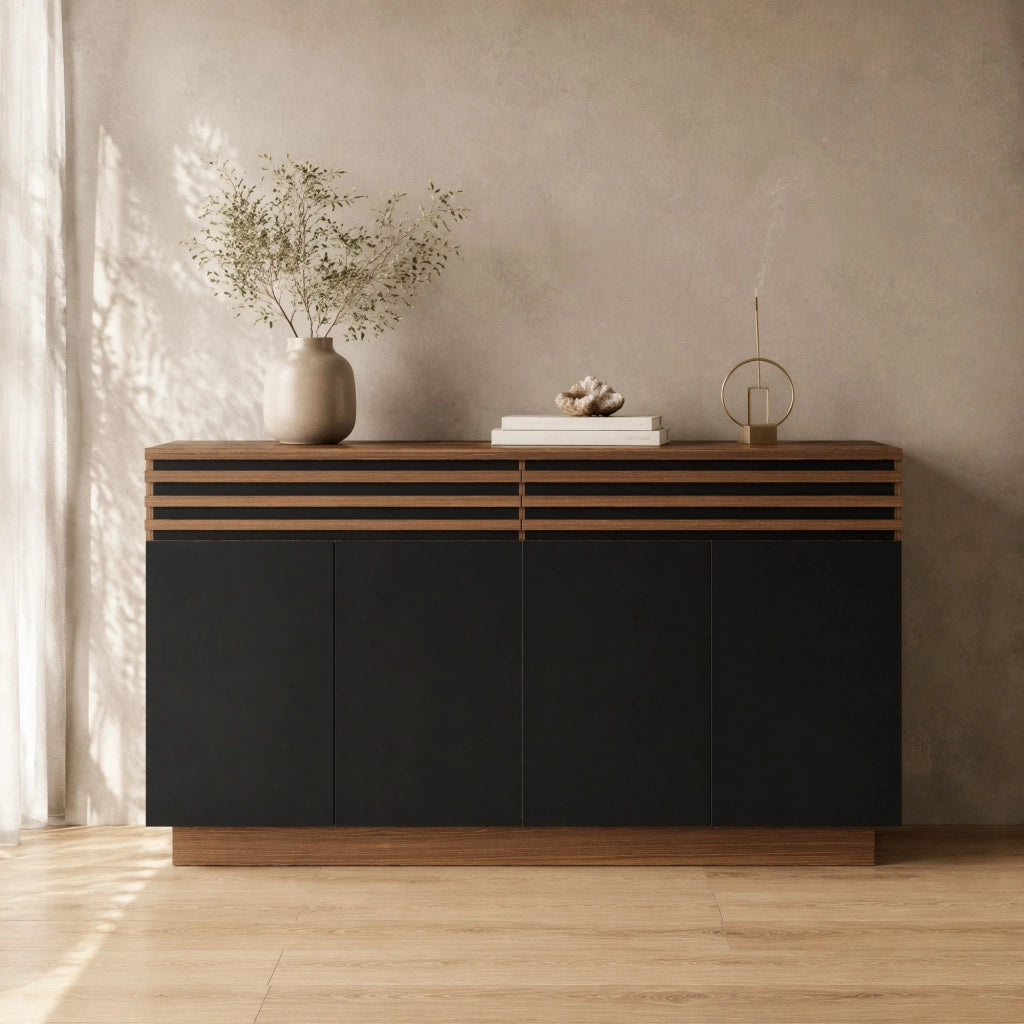 Credenza 150x40x85 cm in MDF marrone e nero con 2 cassetti e 4 ante