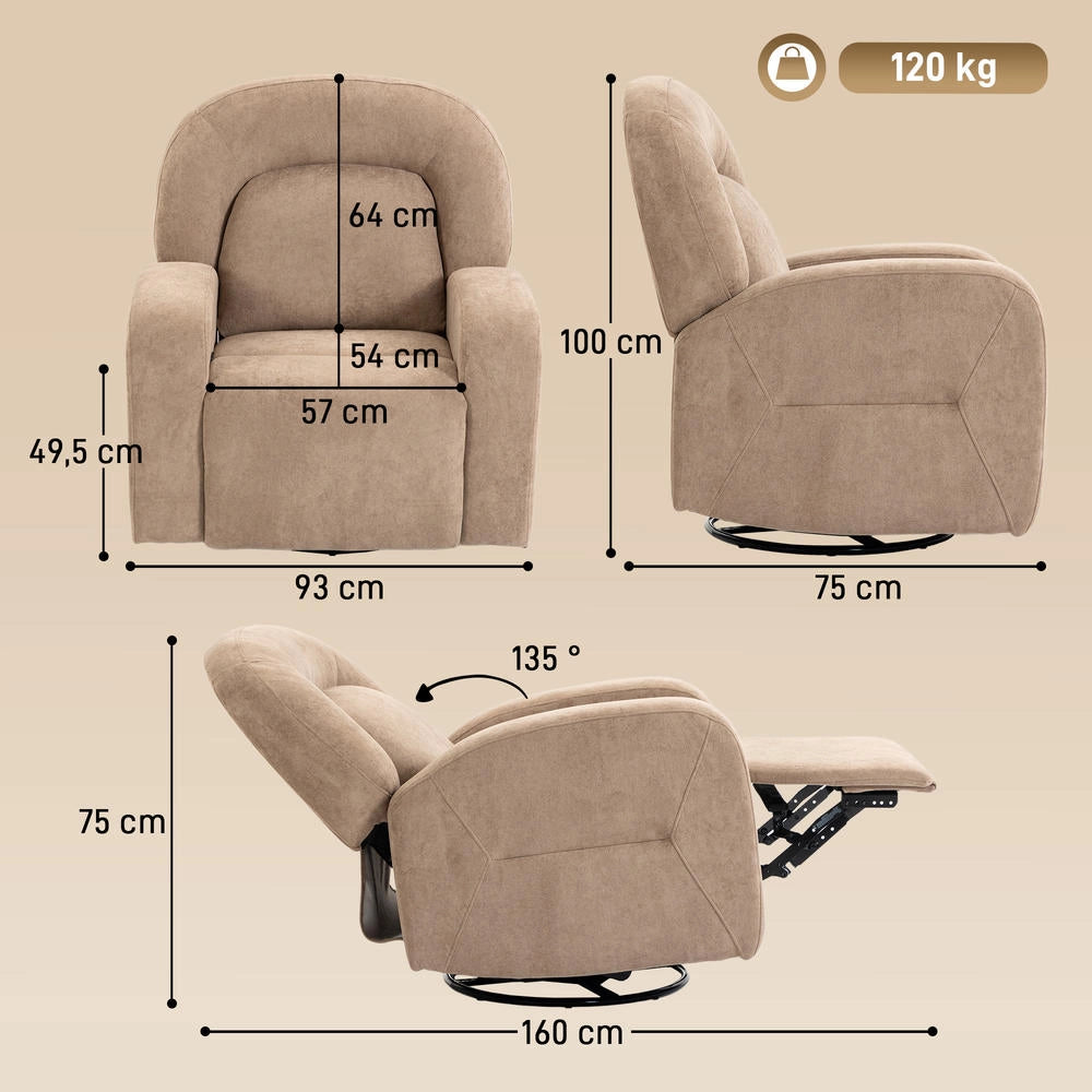 Poltrona relax reclinabile fino a 135° girevole a 360° in morbido tessuto effetto velluto color khaki per soggiorno