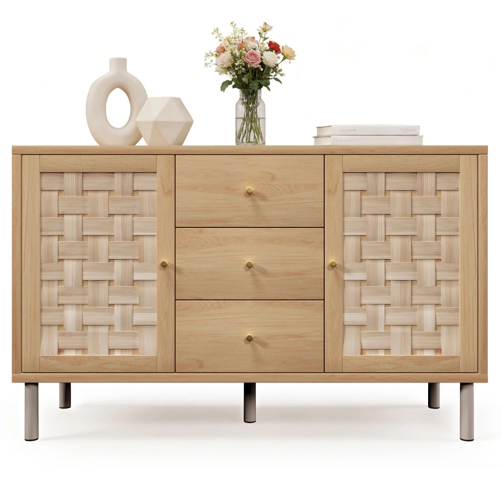 Credenza 120 × 40 × 75 cm in MDF color rovere con 2 ante 3 cassetti ripiani regolabili gambe in metallo