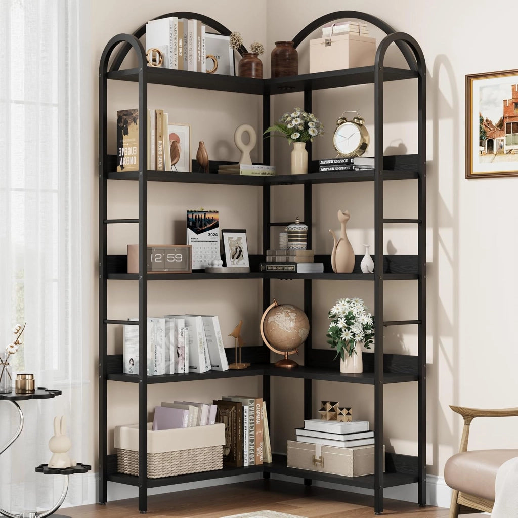 Libreria angolare ad arco reversibile a forma di L; 174 cm; nera