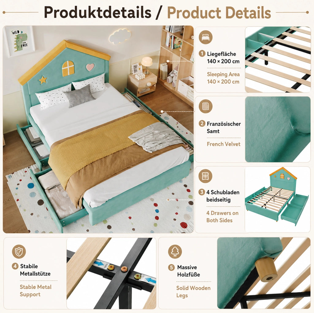 Letto imbottito 140 x 200 cm verde blu con 4 cassetti