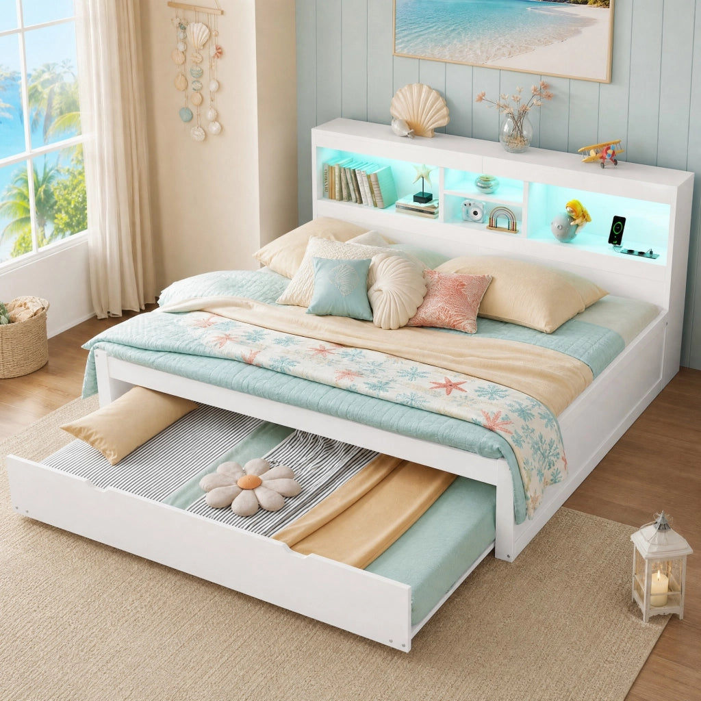 Letto con letto estraibile 140 × 200 cm con LED telecomandato prese USB vano laterale bianco