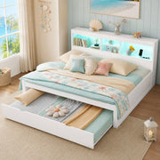 Letto con letto estraibile 140 × 200 cm con LED telecomandato prese USB vano laterale bianco