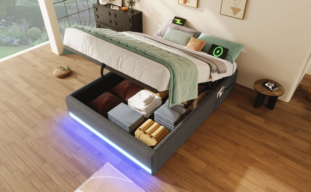 Letto singolo imbottito 90 × 200 cm con contenitore idraulico in lino grigio con LED USB e Type-C