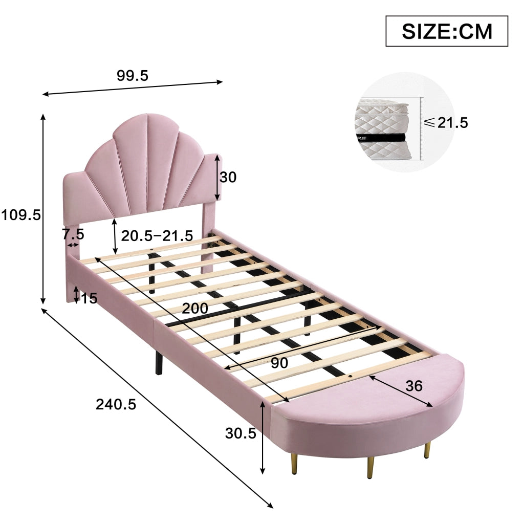 Letto singolo imbottito con testiera in velluto rosa e panca abbinata 90x200 cm