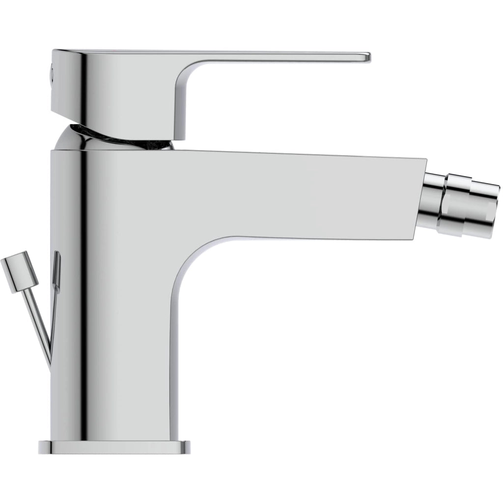 Rubinetteria per bidet Cerafine D, miscelatore monocomando con bocca fissa, leva di comando e gruppo di scarico, cromata