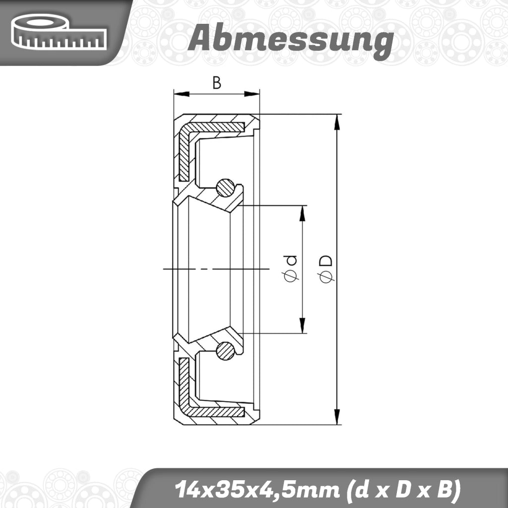 Guarnizione radiale per albero, dimensioni 14x35x4,5 mm, materiale NBR70, conforme alla norma DIN 3760