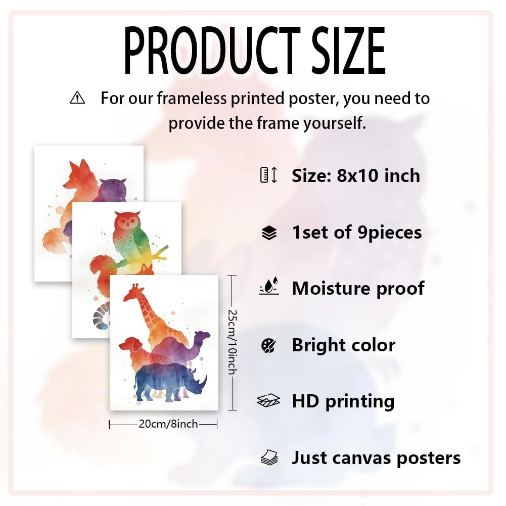 Set di decorazioni da parete con 9 motivi di animali, stile acquerello, non incorniciate, dimensioni 25x20 cm