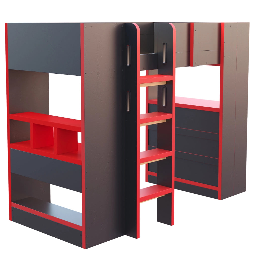 Letto a soppalco 90x200 cm con scrivania, LED e prese in pino, compensato e MDF nero e rosso