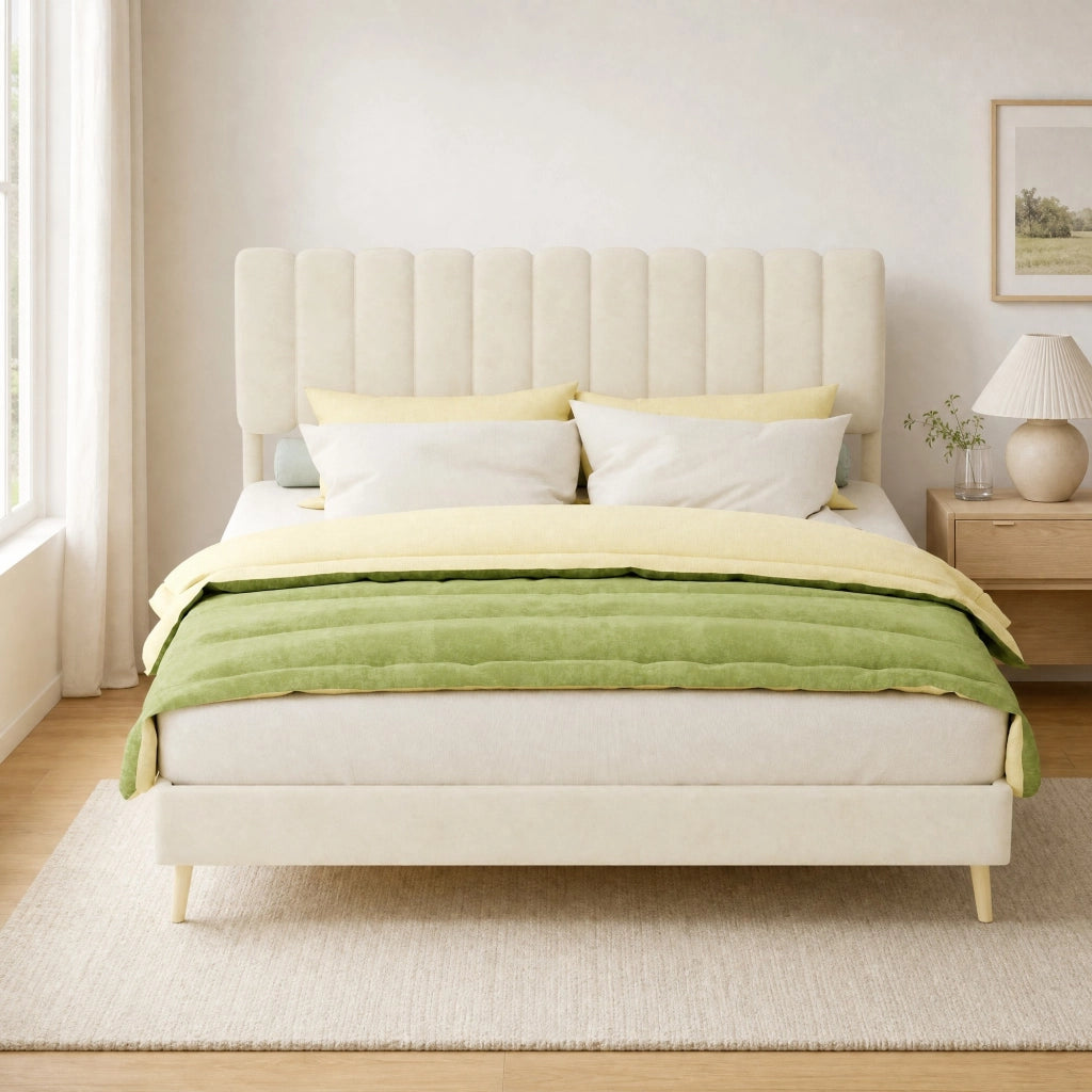 Letto matrimoniale 160x200 cm imbottito in tessuto e metallo; beige