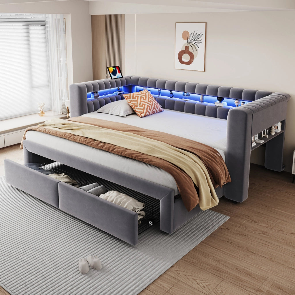 Divano letto estraibile 90/180 x 190 cm in velluto grigio con LED e USB