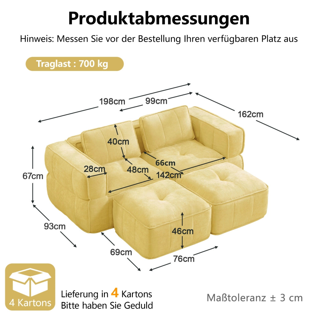 Divano modulare in poliestere giallo con pouf, 198 × 162 cm