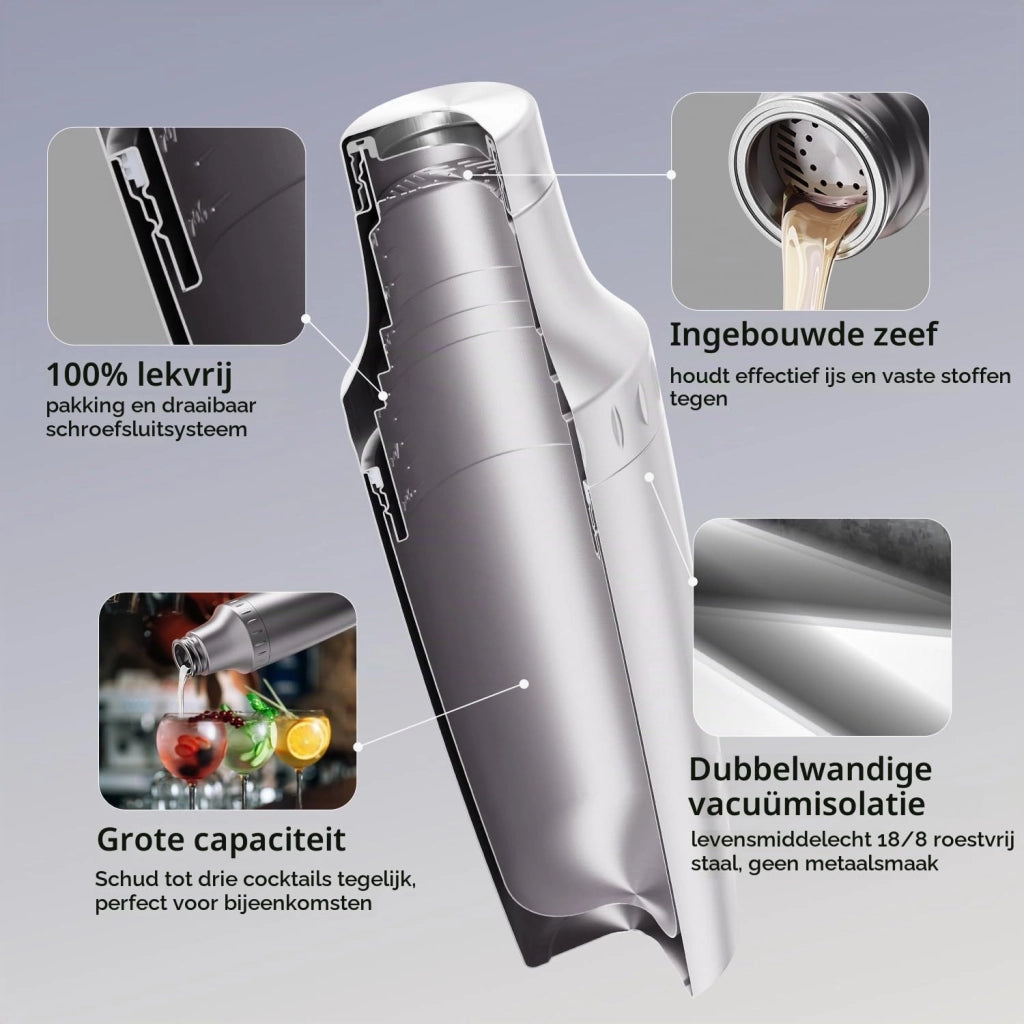 Shaker per cocktail da 900 ml con misurino, a doppia parete, completo di accessori, colore grigio