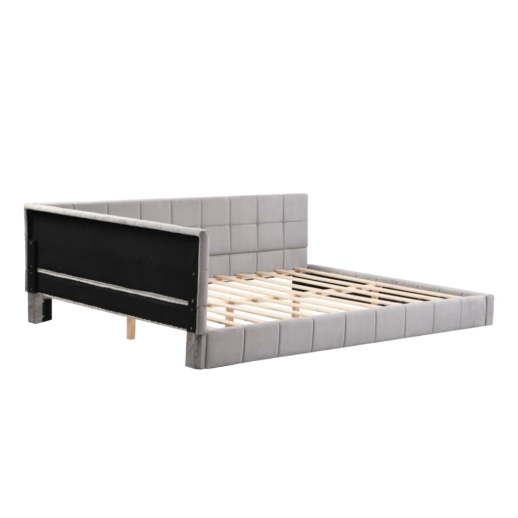 Letto imbottito 140 × 200 cm con rete a doghe in velluto grigio trasformabile in divano con schienale