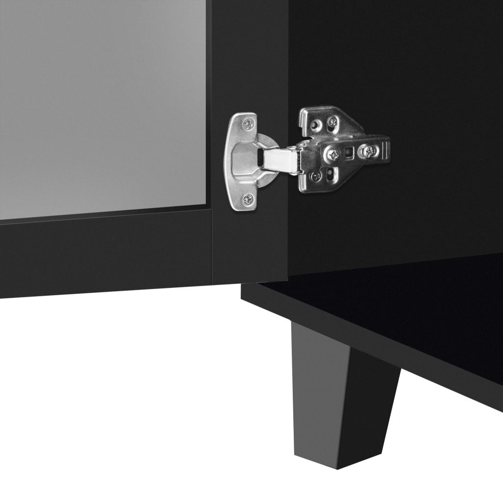 Credenza 160 × 40 × 84 cm con quattro ante due ripiani mobili in MDF nero e superficie a specchio con piedi in legno