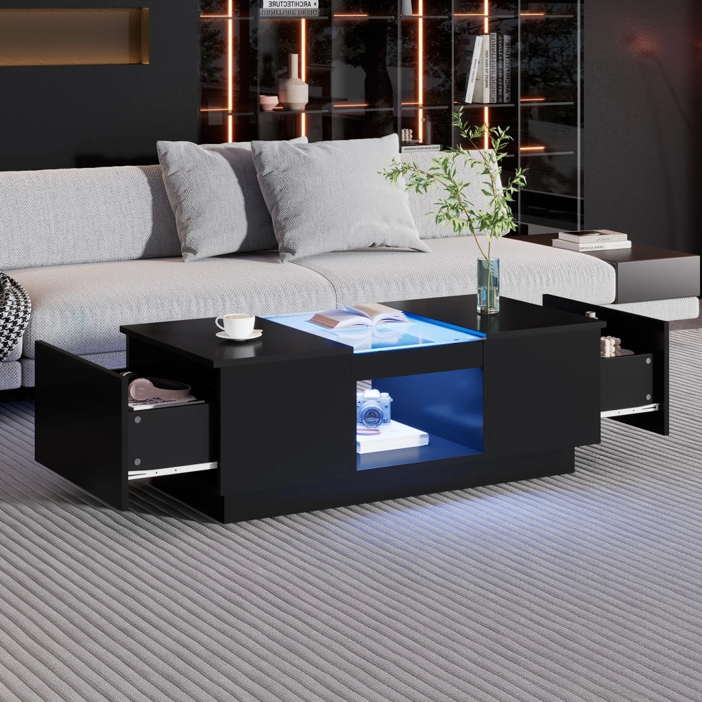 Tavolino da salotto 100 × 50 × 35,5 cm con LED controllabile tramite app 2 cassetti vetro nero in truciolare
