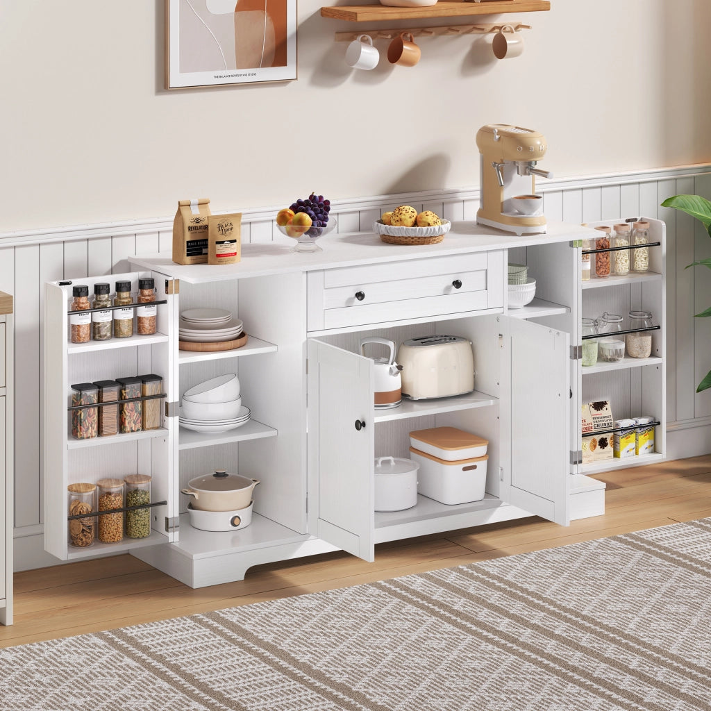 Credenza da cucina lunga 138 cm con cassetto vano a doppia anta e armadietti laterali in MDF bianco con antiribaltamento