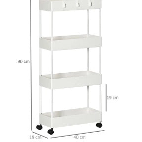 Carrello da cucina con 4 ripiani e ruote con freno, bianco, 40x19x90 cm