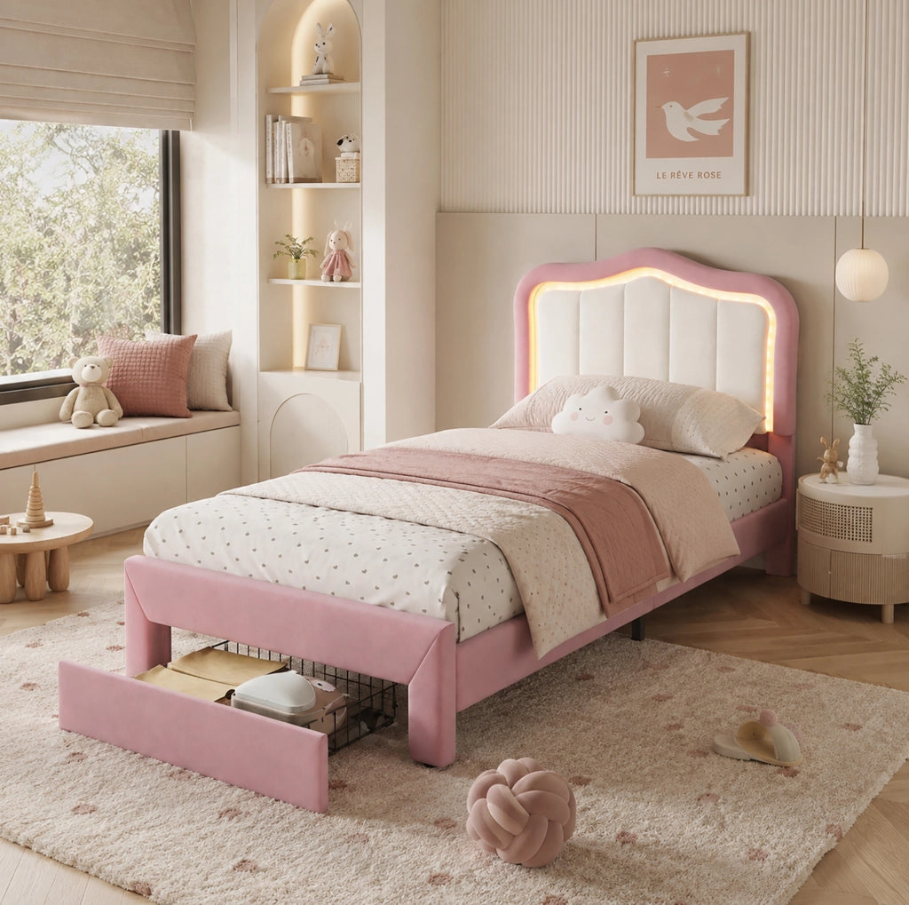 Letto imbottito bambini 90x200 cm rosa con LED e cassetto