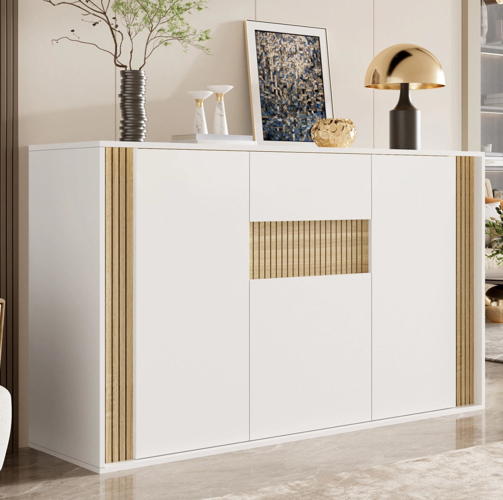 Credenza bianca e naturale 140 cm con 3 ante, cassetto e LED