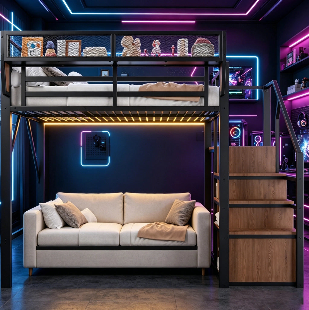 Letto a soppalco 140 × 200 cm con LED multicolore; scala e ripiano regolabile; metallo nero