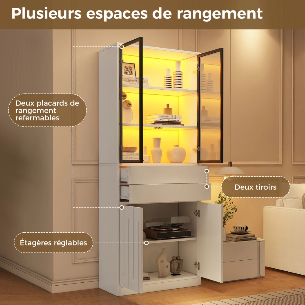 Vetrina alta 70x34x180 cm con LED Bluetooth; 4 ante e 2 cassetti in truciolare bianco