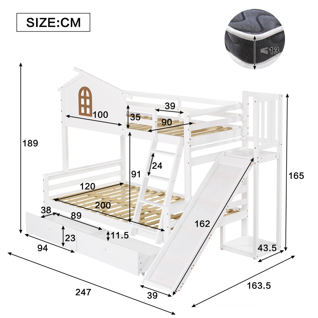 Letto contenitore per bambini 90x200+120x200 cm con scivolo, scala e rete a doghe in legno di pino bianco, senza materasso