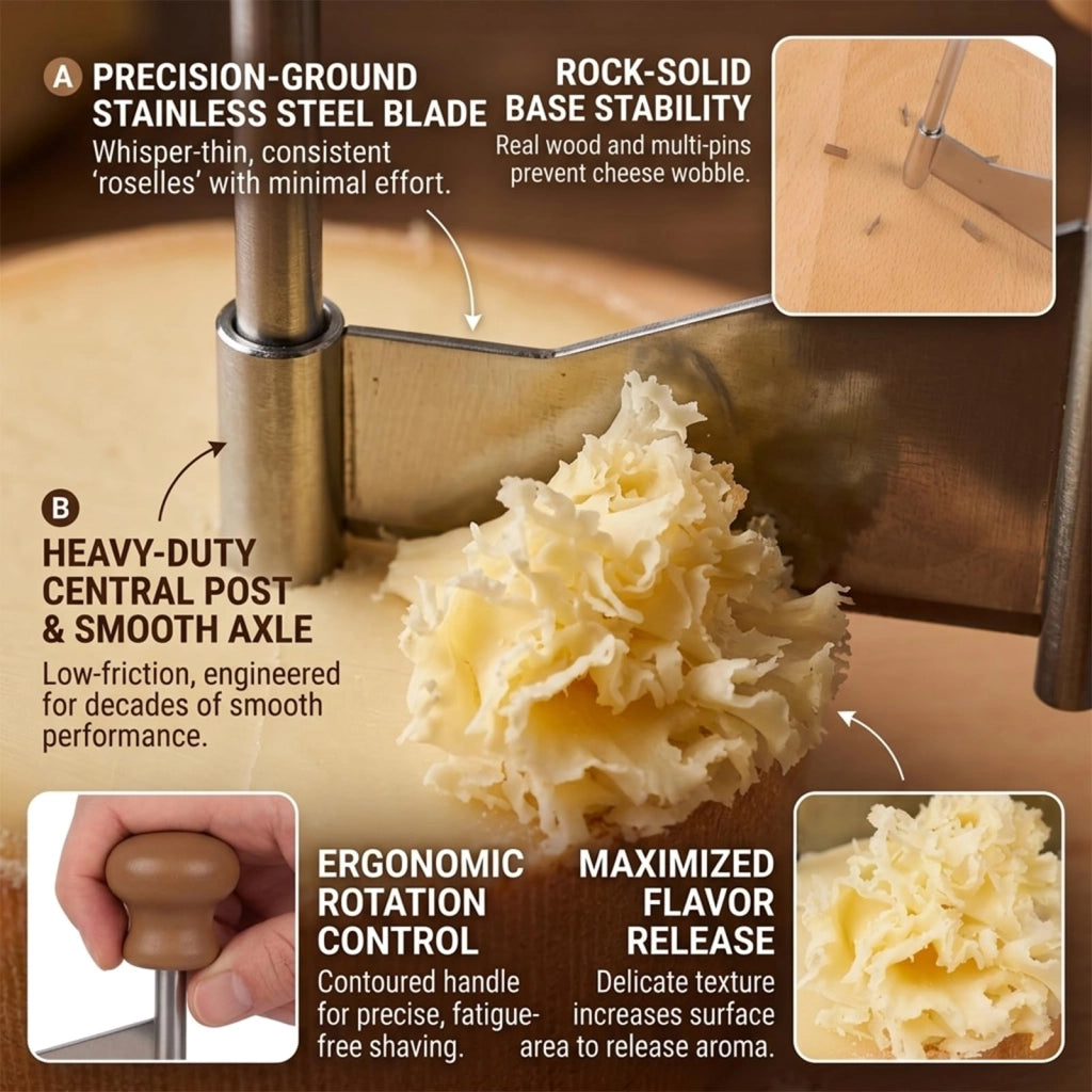 Affettatrice per formaggio con manovella, base in legno, specifica per il formaggio Tête de Moine