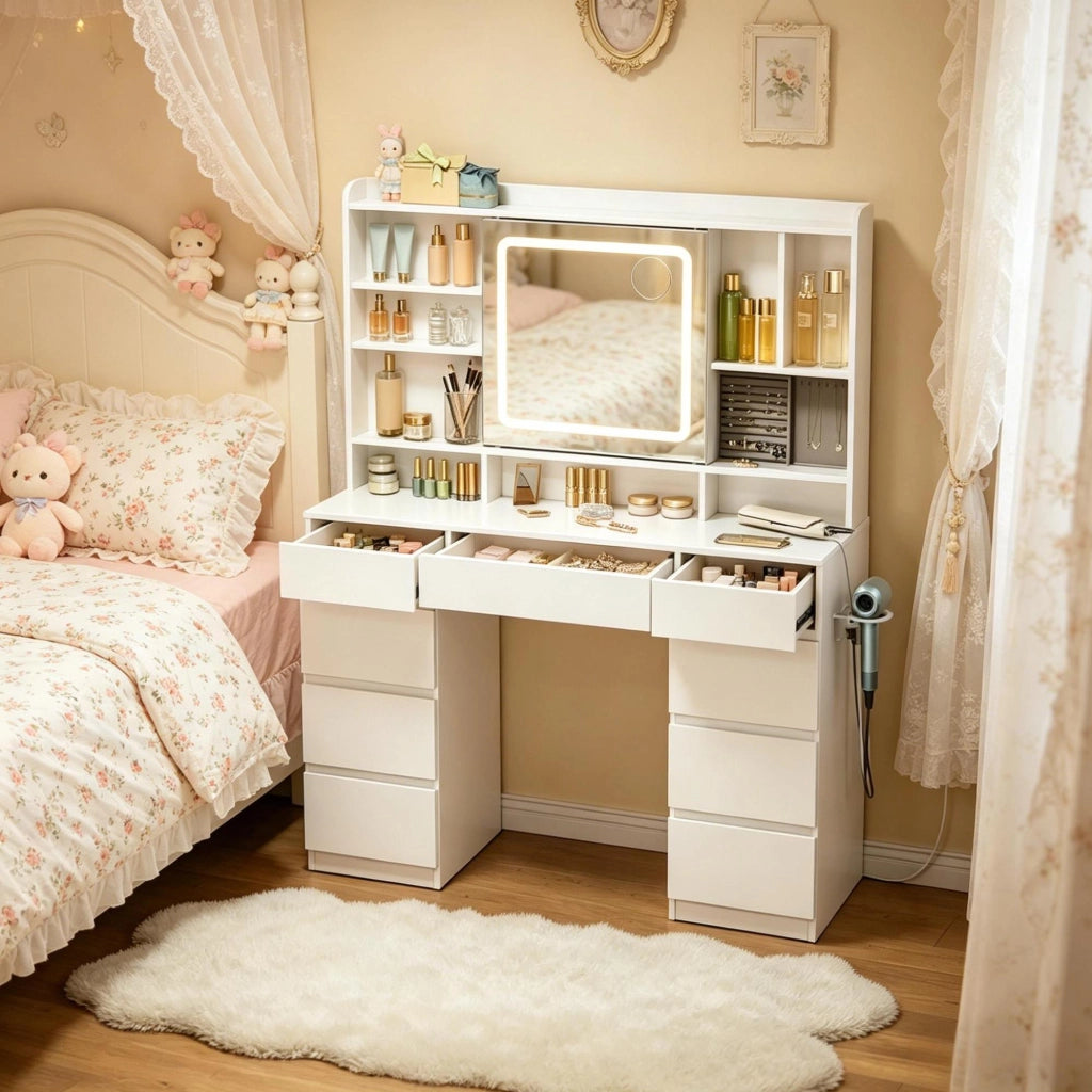 TAVOLO da trucco con specchio scorrevole e LED 110x40x140 cm bianco