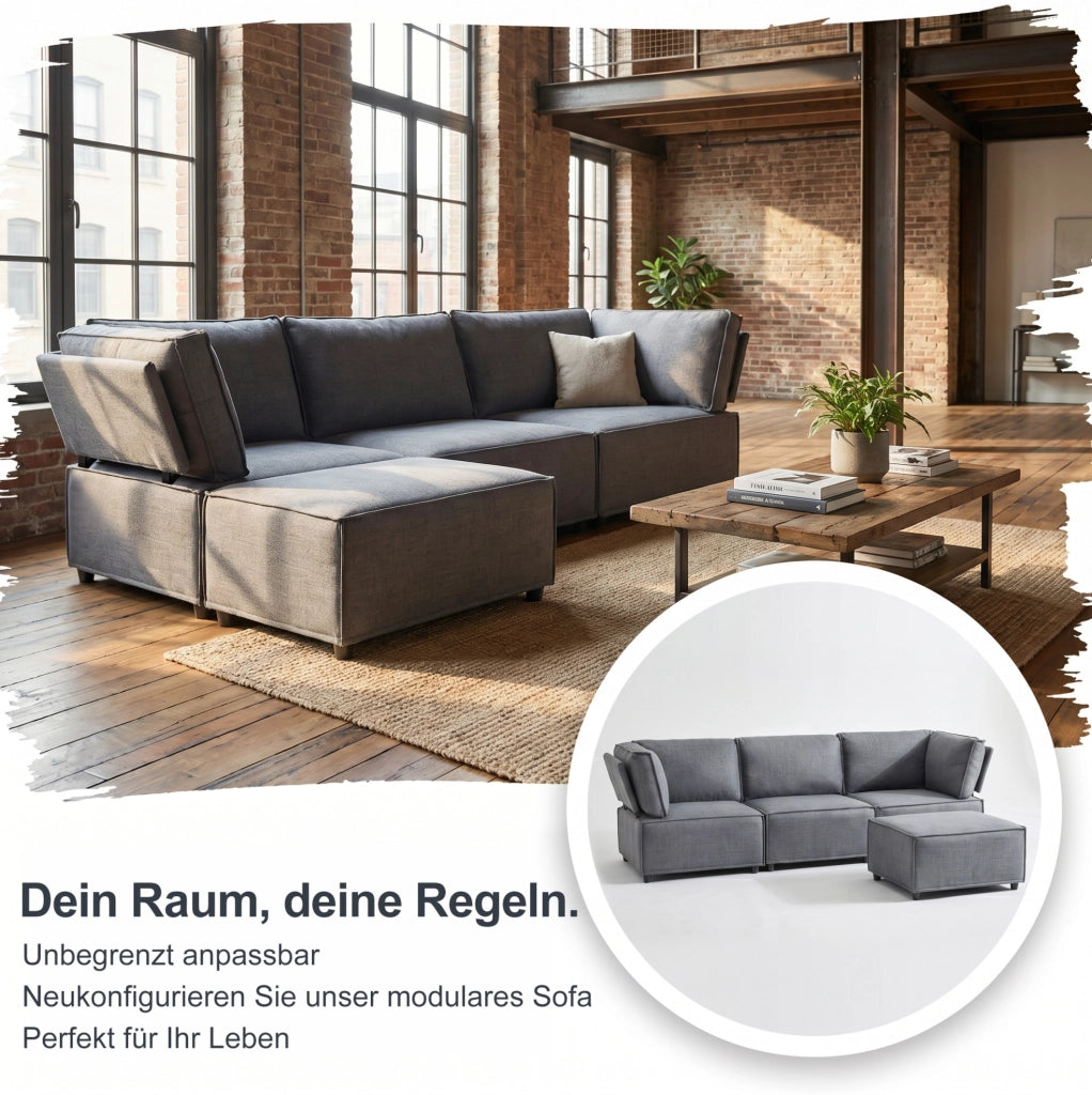 Divano letto modulare componibile con struttura in compensato; schiuma e molle; grigio chiaro