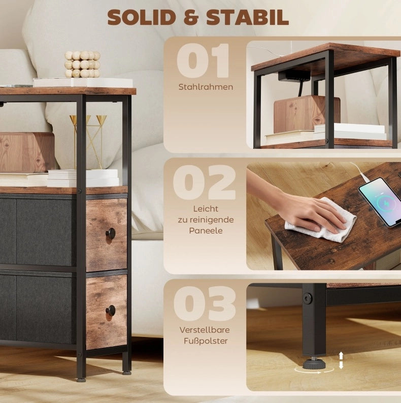 Tavolino laterale con prese AC, USB e USB-C, 2 cassetti, marrone rustico