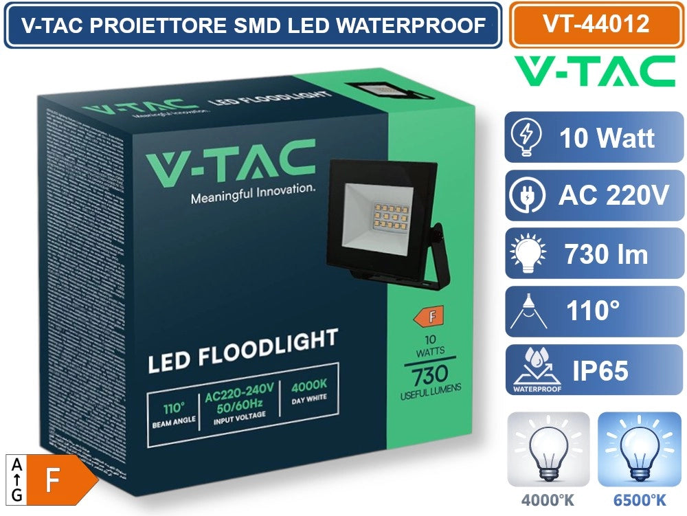 V-TAC VT-44012-B PROIETTORE FARO SMD LED ULTRASLIM 10W COLORE NERO DA ESTERNO IP65 - Colore Luce:Bianco Freddo