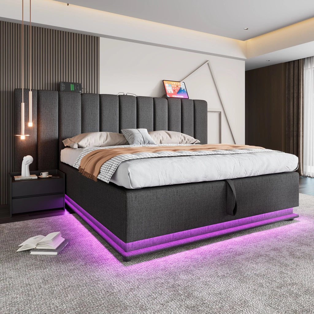 Letto matrimoniale contenitore 160 × 200 cm con LED app ricarica USB USB C 20 W lino grigio rete a doghe